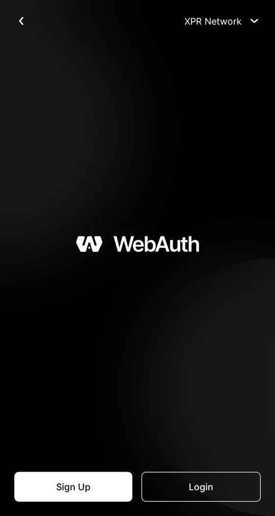 WebAuth start screen with Sign Up and Login buttons